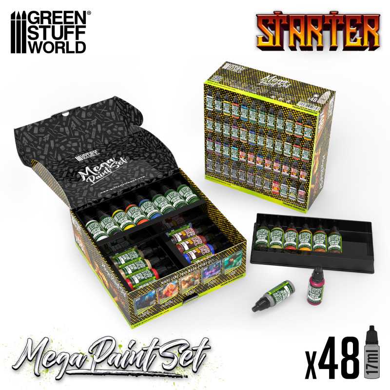 Green Stuff World Starter Mega Paint Set opened, showing 17ml dropper bottles in trays