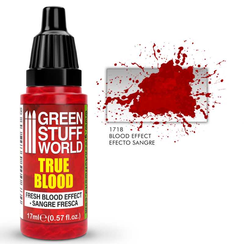 Green Stuff World True Blood 17ml bottle beside a fresh blood splatter paint effect