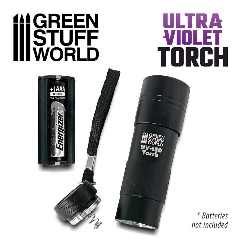 Green Stuff World UV torch with end cap removed, AAA battery and wrist strap