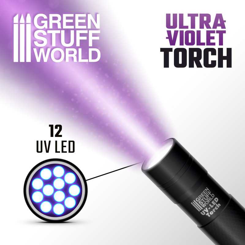 Green Stuff World Ultraviolet Torch shining violet light, showing its 12 UV LEDs