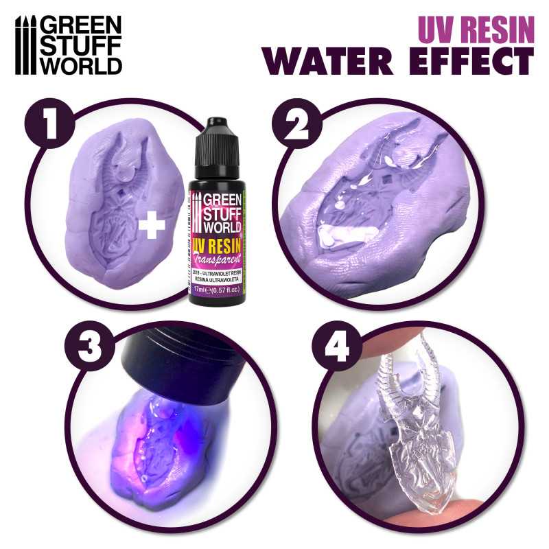 Green Stuff World UV Resin Water Effect four-step guide, filling a mould and curing with UV light