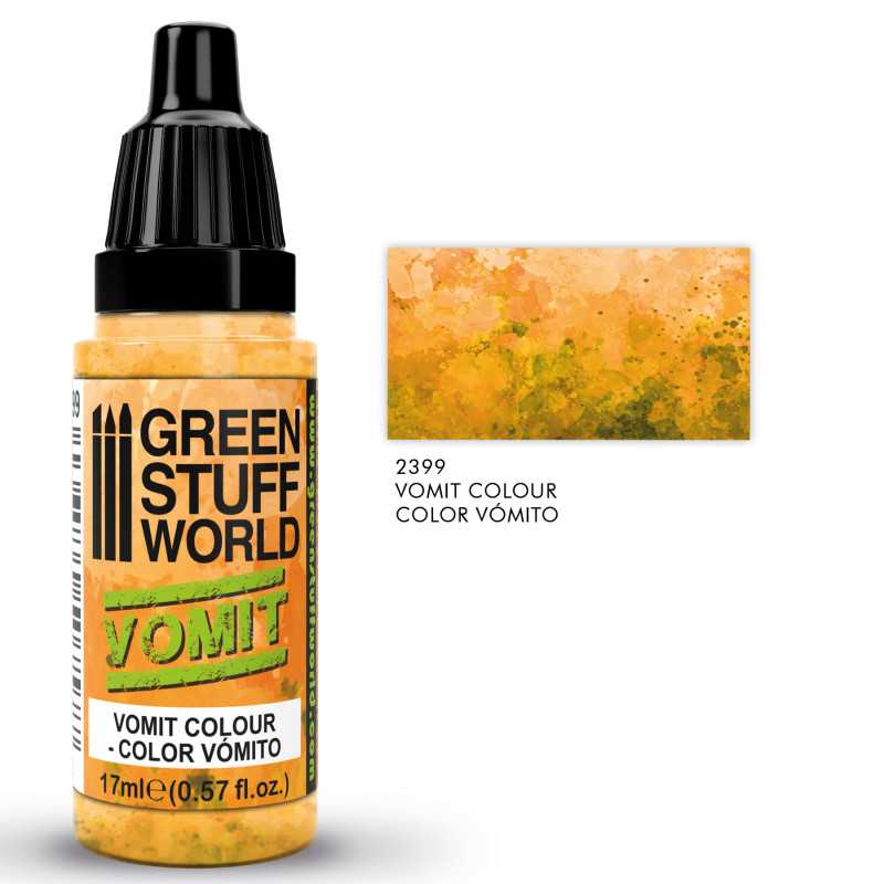 Green Stuff World Vomit Colour 2399 17ml dropper bottle with an orange-yellow effect swatch