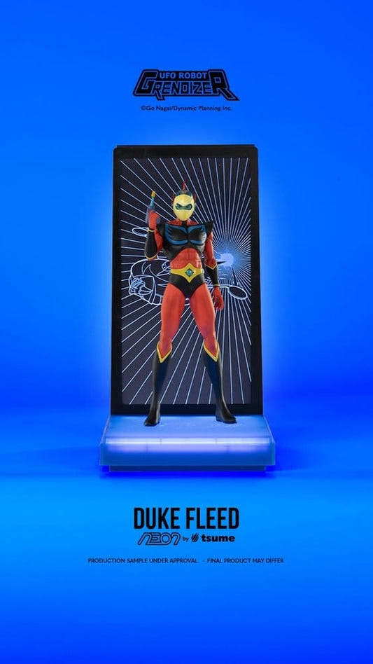 Tsume NEON Grendizer Duke Fleed 1/9 figure in red suit with illuminated backdrop, front view