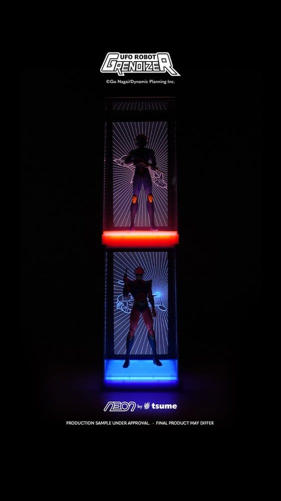 Duke Fleed and Kabuto Koji Tsume NEON Grendizer figures stacked and lit in the dark