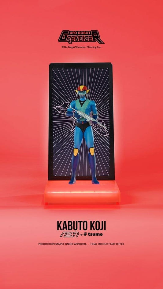 Tsume NEON Grendizer Kabuto Koji 1/9 figure with rifle and illuminated backdrop, front view