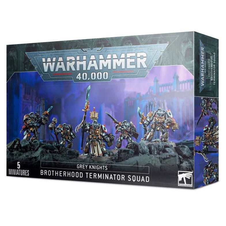 Warhammer 40,000 Grey Knights Brotherhood Terminator Squad box front showing five Terminators