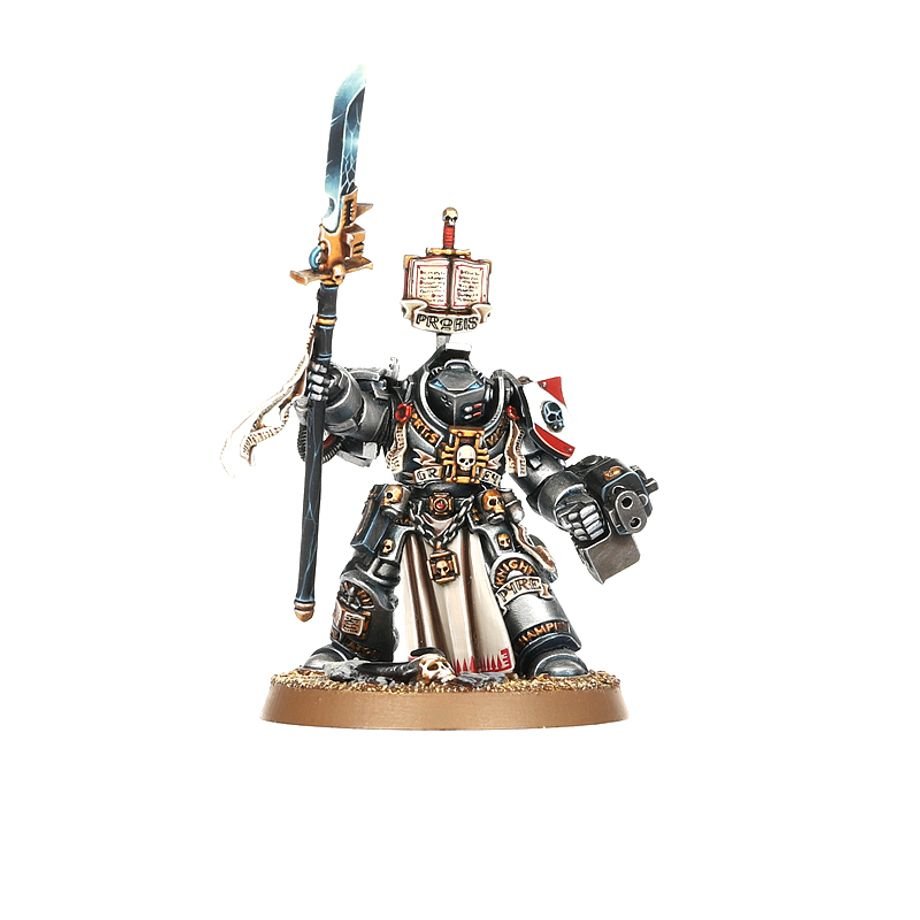Painted Grey Knight Terminator Justicar with a force halberd and a book-topped banner pole