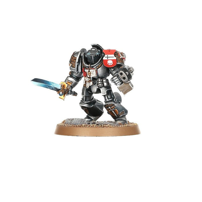 Painted Grey Knight Terminator with a nemesis falchion and storm bolter on a 40mm base