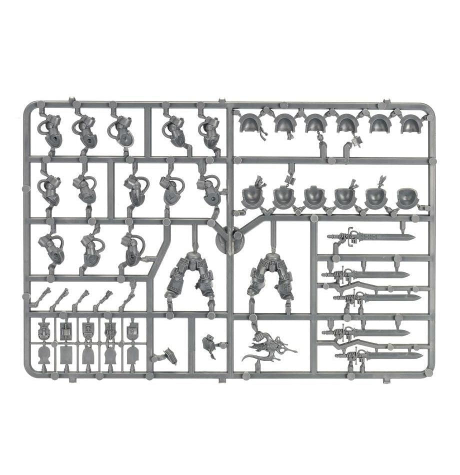 Grey Knights Brotherhood Terminator Squad unpainted plastic sprue, frame 1 of 3, with heads and arms