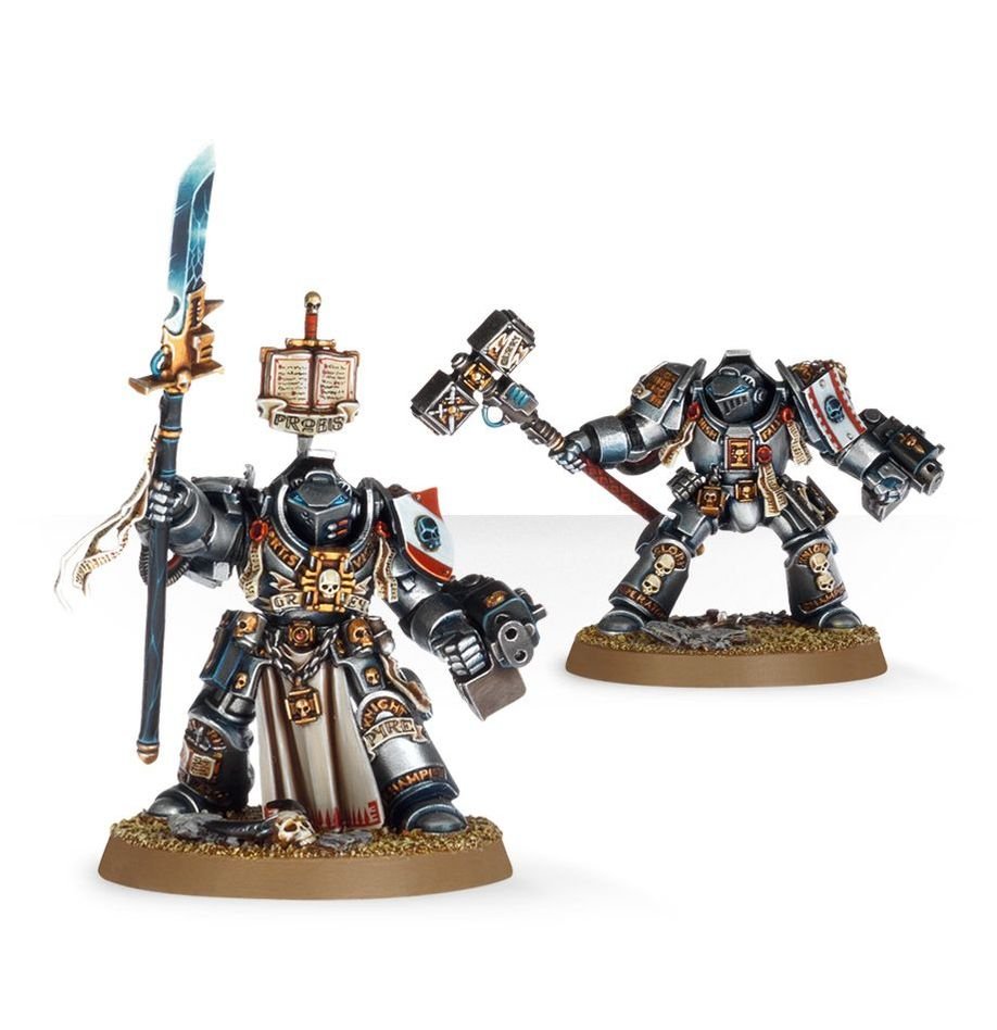 Two painted Grey Knights Terminators with force halberd and Daemon hammer, silver armour