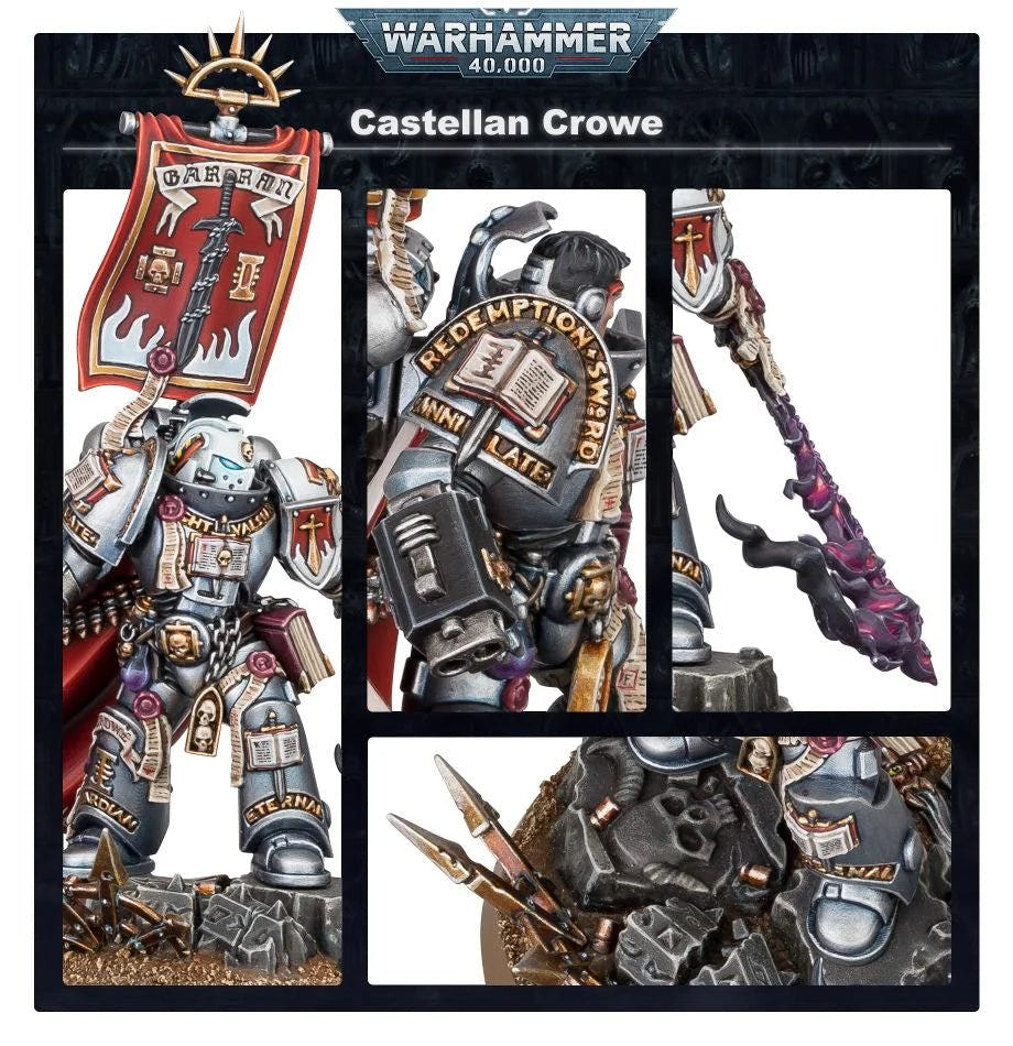 Castellan Crowe detail panel showing his banner, carved armour, Black Blade and base