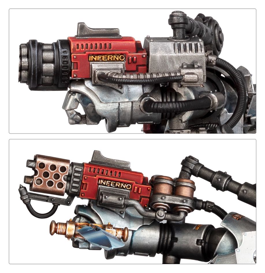 Close-ups of the Grey Knights Nemesis Dreadknight's red heavy incinerator weapon options