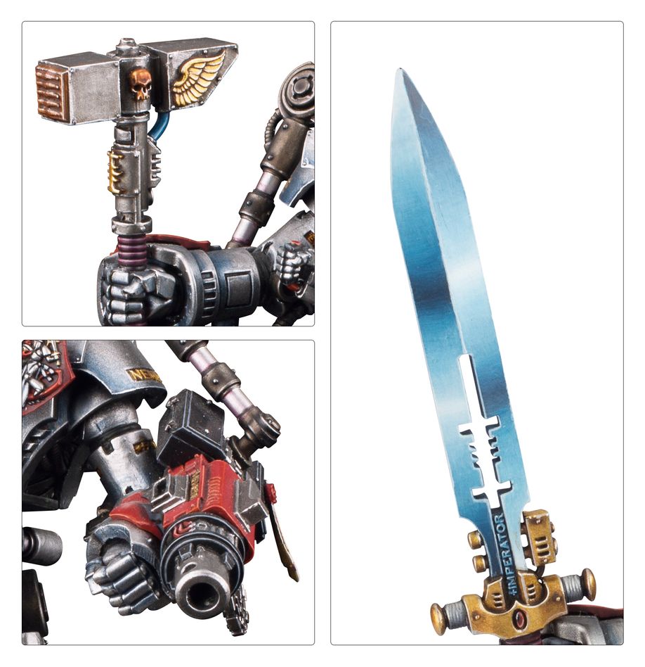 Close-ups of the Nemesis Dreadknight daemon greathammer, fist weapon and blue-painted greatsword