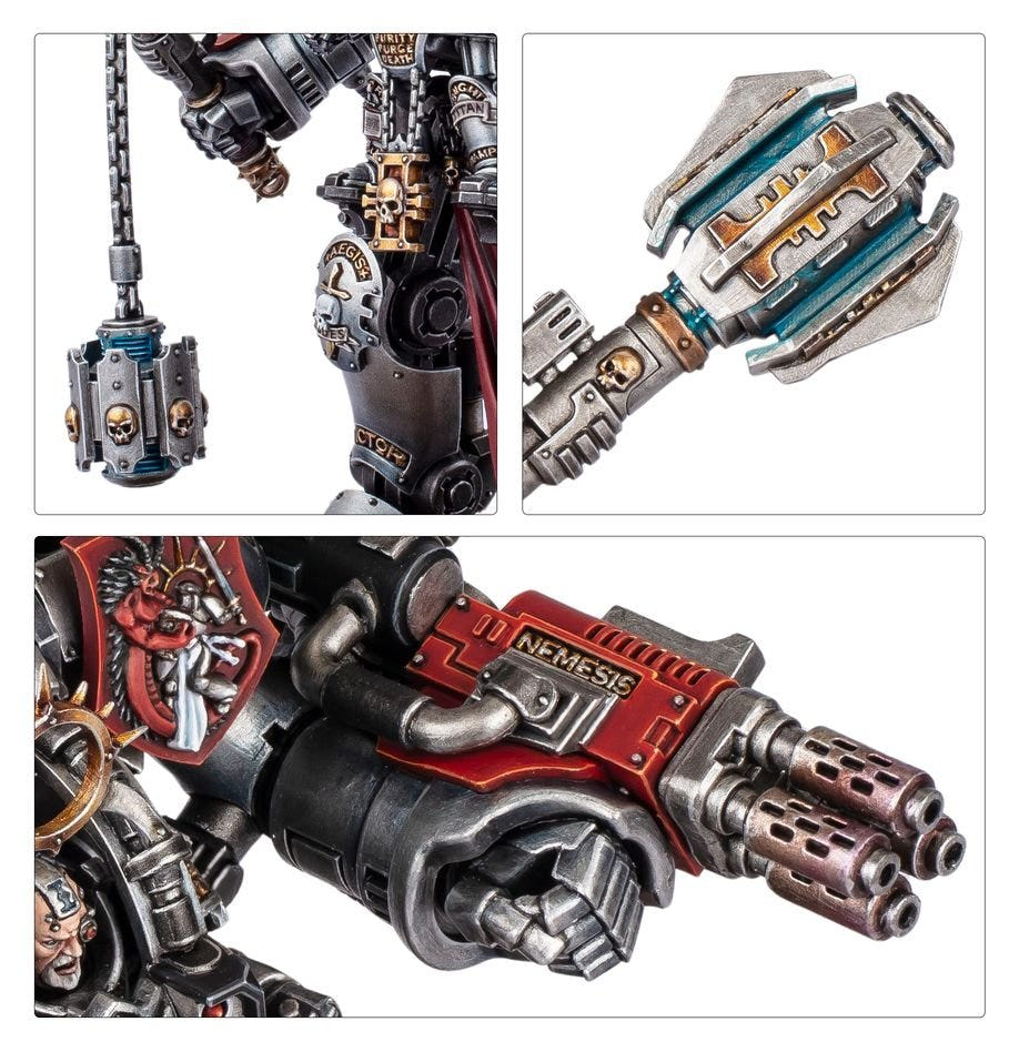 Close-ups of the Nemesis Dreadknight's flail, weapon head and red gatling psilencer arm