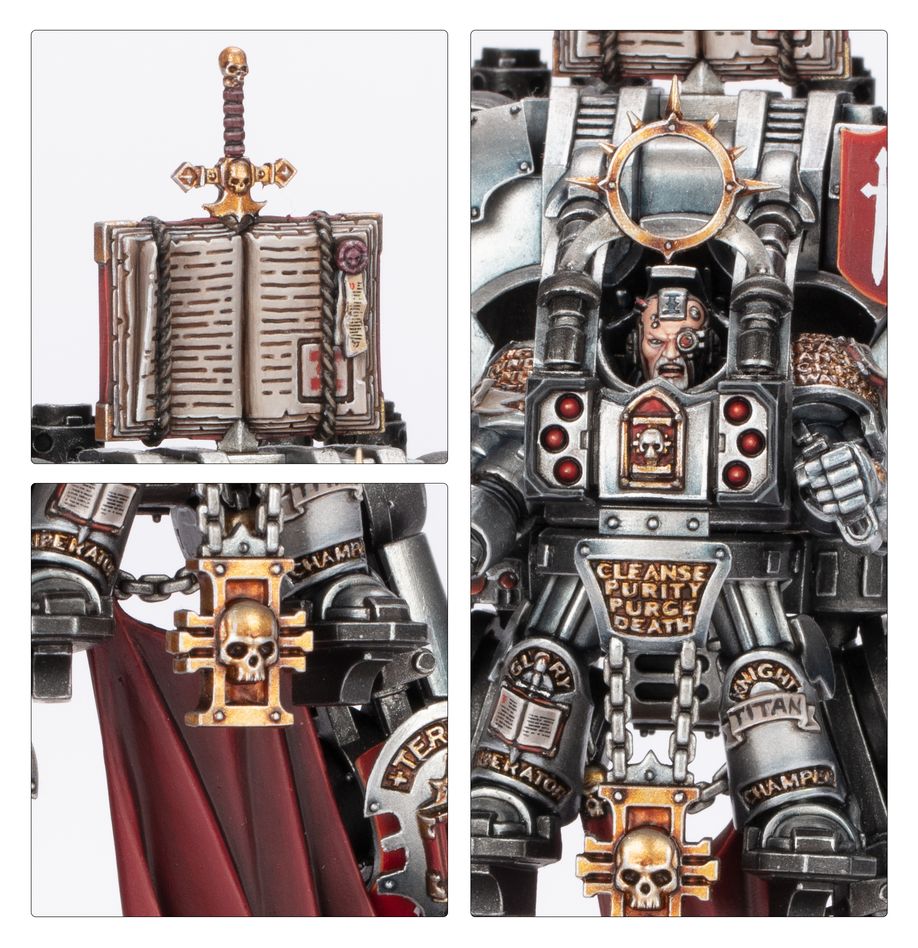 Close-ups of the Grand Master in Nemesis Dreadknight's book, skull icon and pilot in the cockpit