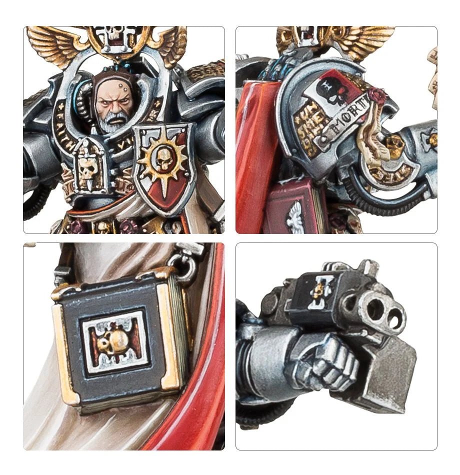 Close-ups of Grand Master Voldus: face, shoulder pad, book of the Librarius and storm bolter