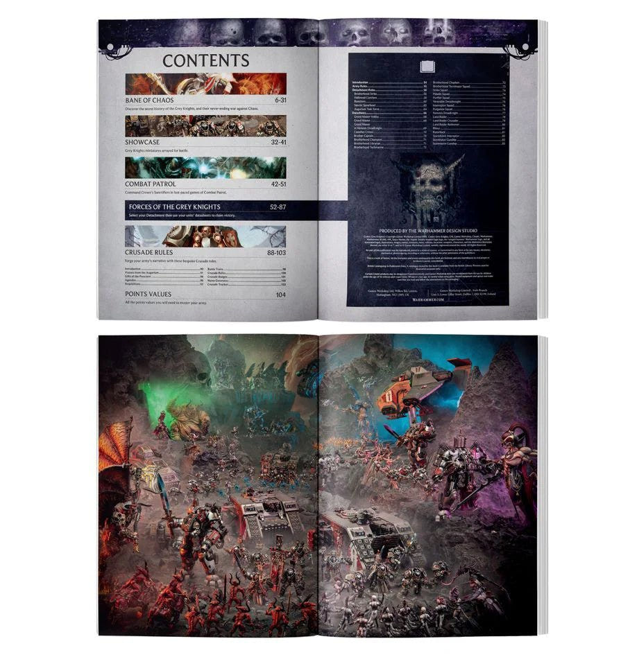 Codex: Grey Knights inside pages with the contents list and a daemon battle artwork spread