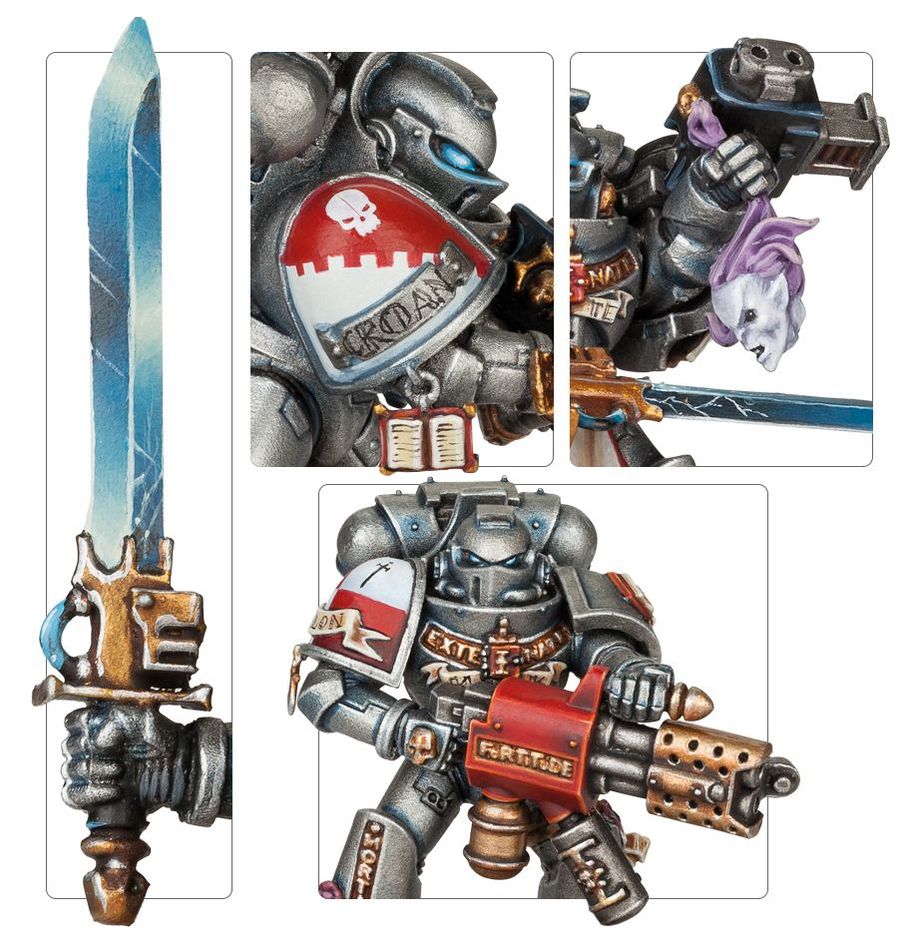 Close-ups of a Grey Knights Nemesis sword, shoulder pad heraldry and heavy weapon