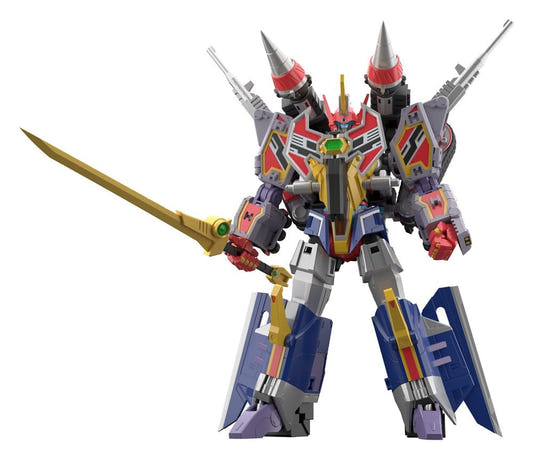 Moderoid Full Power Gridman in combined form holding a gold sword, front view on white