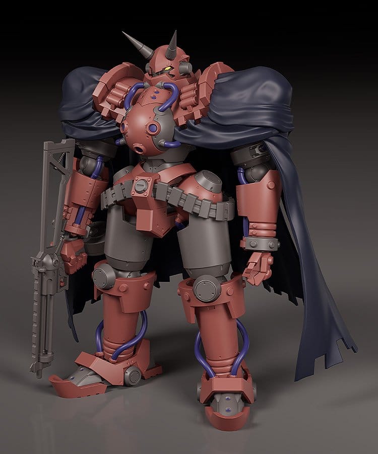 Moderoid Volkein assembled kit in diffusion cloak holding its rifle, dark backdrop
