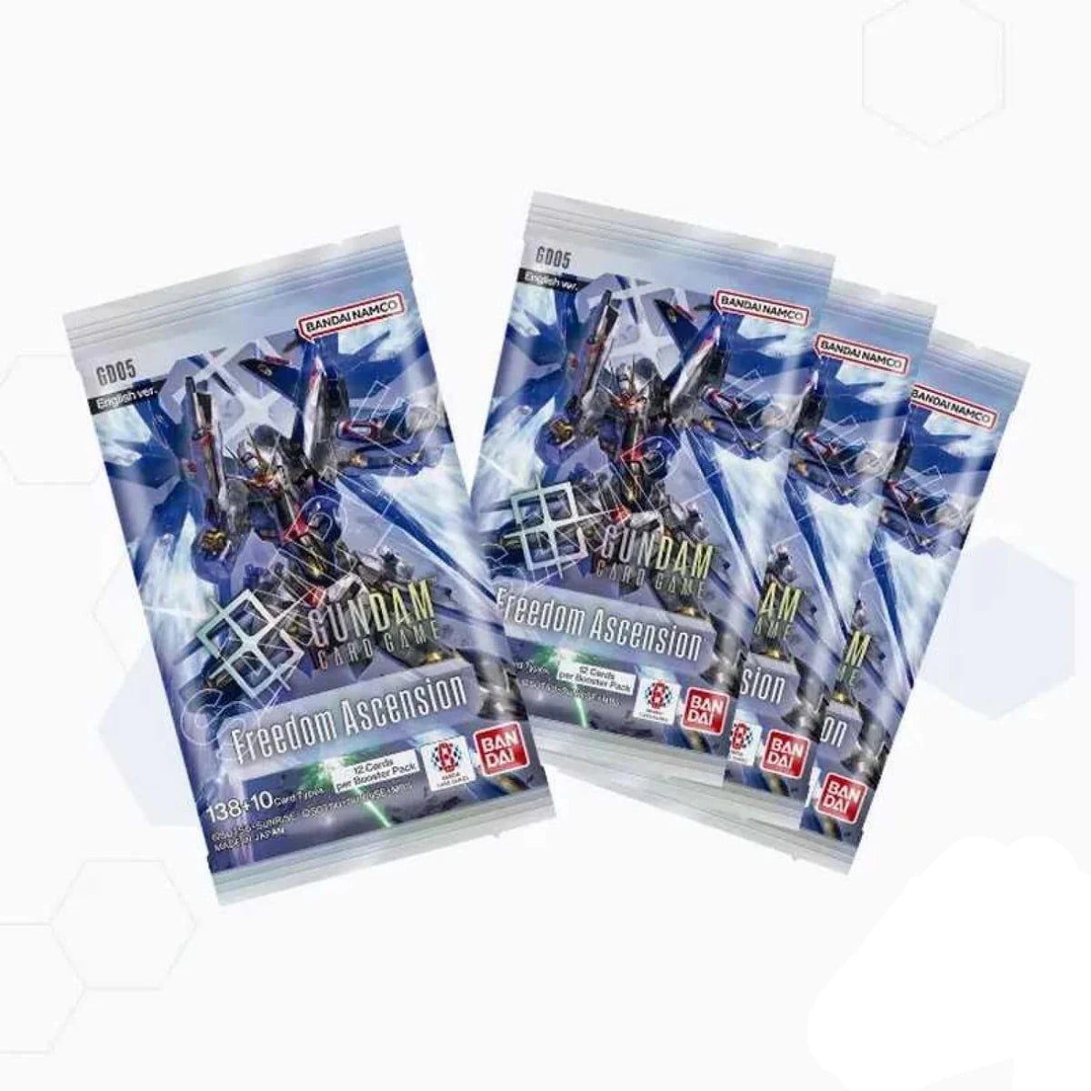 Three packs of Gundam Freedom Ascension 13B-10 trading cards from Bandai, displayed on a light gray background with a faint geometric pattern.
