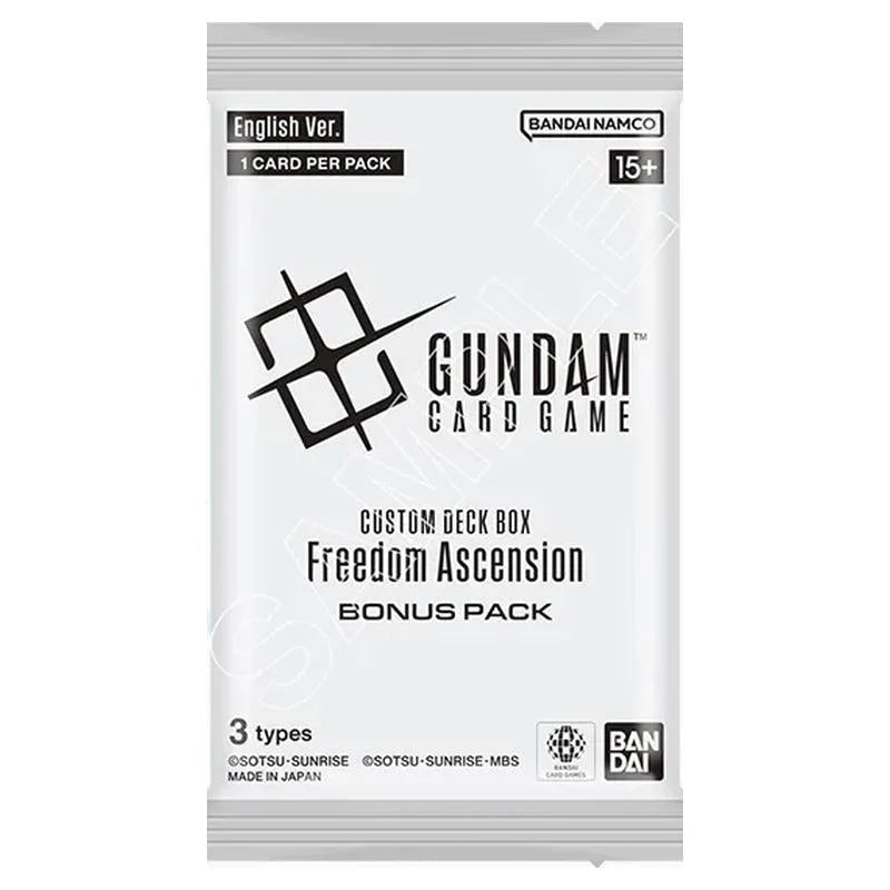 Bandai Namco Gundam Card Game Custom Deck Box 'Freedom Ascension' Bonus Pack card pack packaging, featuring a white background with black text and logos.