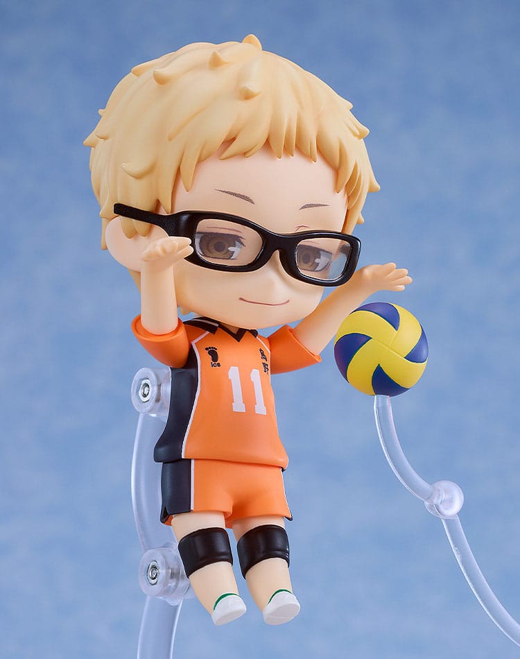 Kei Tsukishima Nendoroid adjusting his glasses beside a volleyball in mid-air