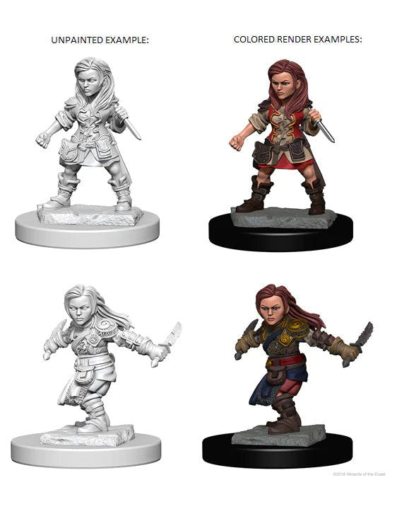 Halfling Female Rogue miniatures unpainted and as colour renders, low- and high-level versions