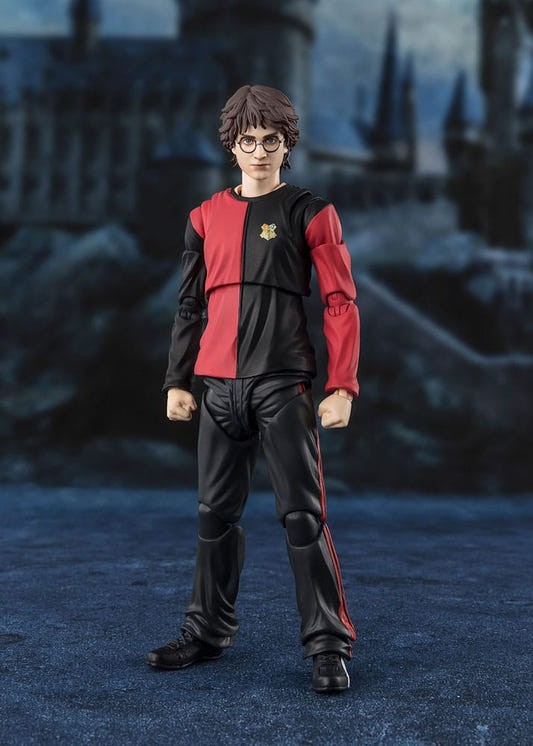 Bandai S.H.Figuarts Harry Potter figure in red and black Triwizard Tournament jersey, front view