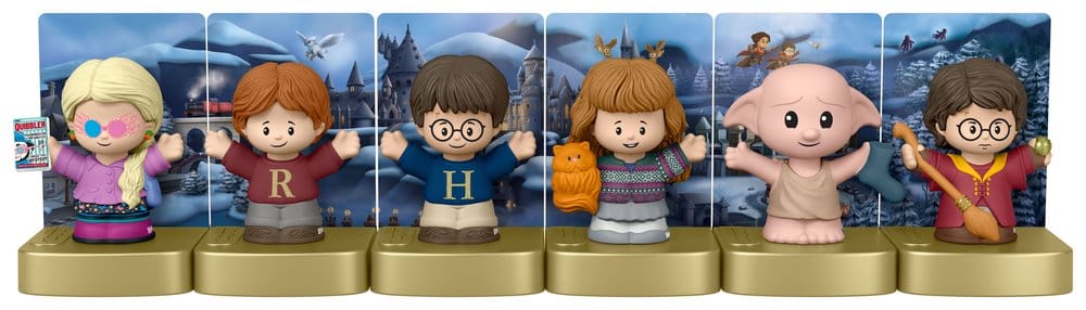 Six Little People Collector Harry Potter figures lined up on gold stands with card backdrops