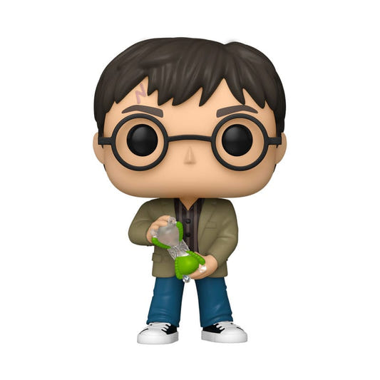 Harry Potter Funko Pop! vinyl figure of Harry in a green jacket holding a glowing green hourglass