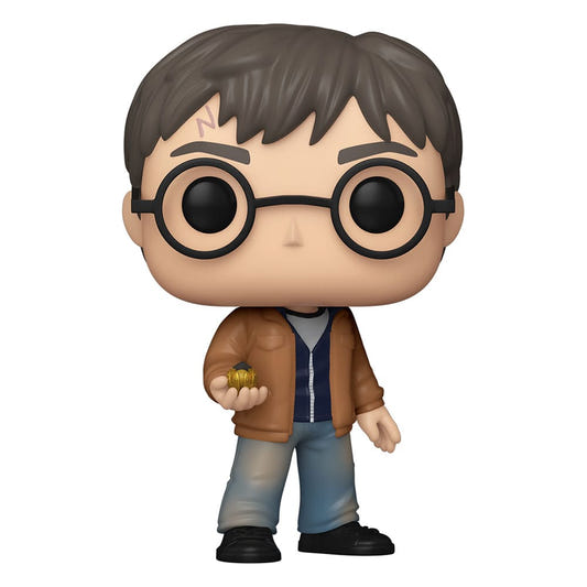Harry Potter Funko Pop! Movies vinyl figure of Harry in a brown jacket holding the Resurrection Stone