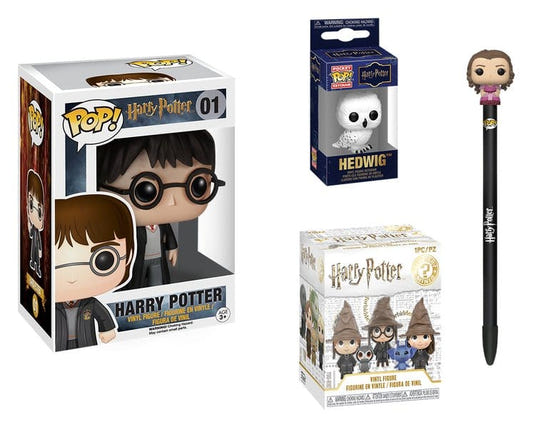 Funko Harry Potter bundle items: POP! Harry, Hedwig keychain, Mystery Mini and Hermione pen