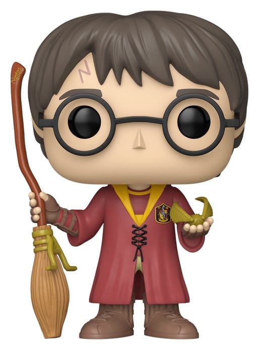 Funko Jumbo Pop! Harry Potter in Gryffindor Quidditch robes holding a broom and Golden Snitch