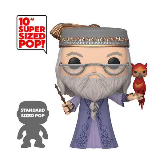 Funko 10-inch Super Sized Pop! Dumbledore with wand and Fawkes, shown beside a standard Pop! size guide