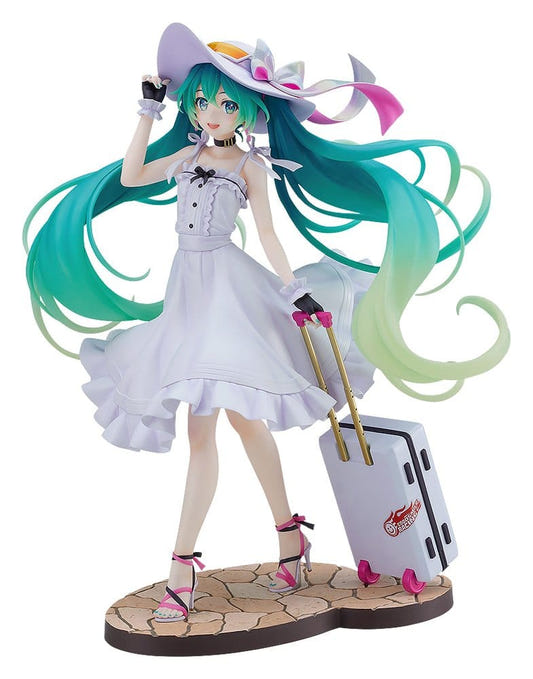 Max Factory Racing Miku 2021: Private Ver. 1/7 figure in white sun hat and dress with suitcase