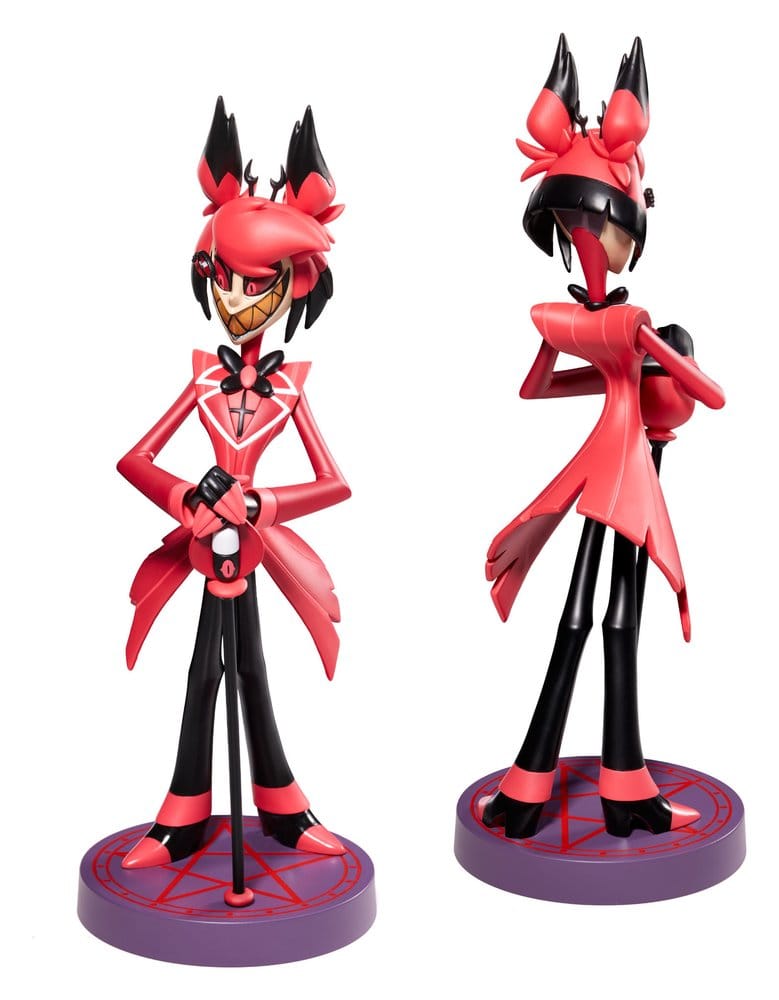 Front and back views of the Numskull Hazbin Hotel Alastor statue side by side