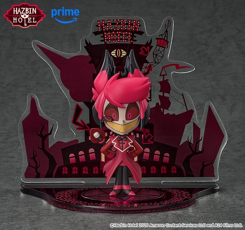 Qset Alastor chibi figure with Hazbin Hotel backdrop panel on grey background