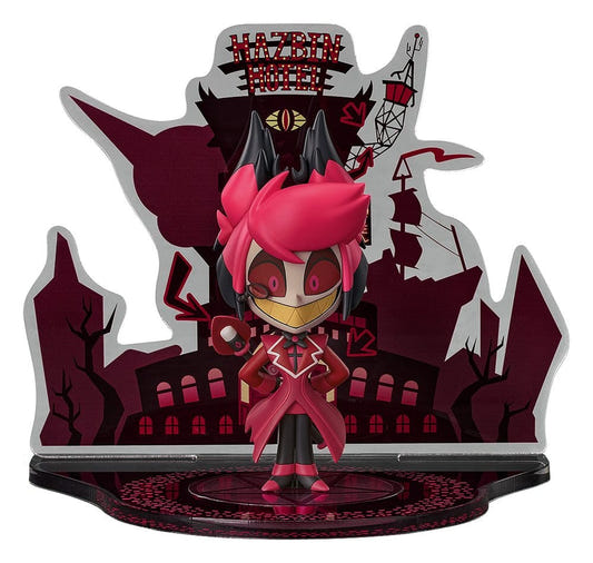 Hazbin Hotel Qset Alastor chibi figure in red coat standing before the hotel entrance diorama