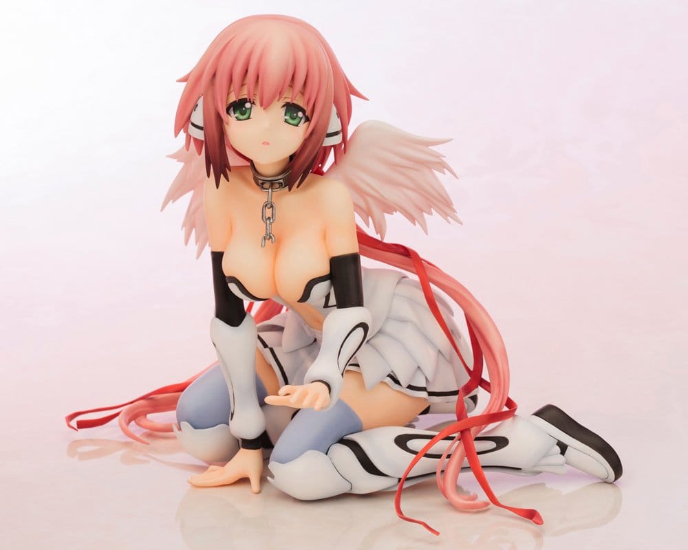 Ikaros figure kneeling with one hand outstretched, pink wings and chain collar, front view