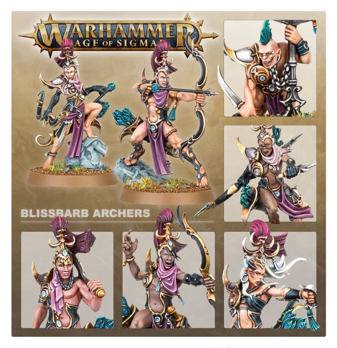 Blissbarb Archers showcase with painted Slaanesh archers drawing bows and close-ups of heads