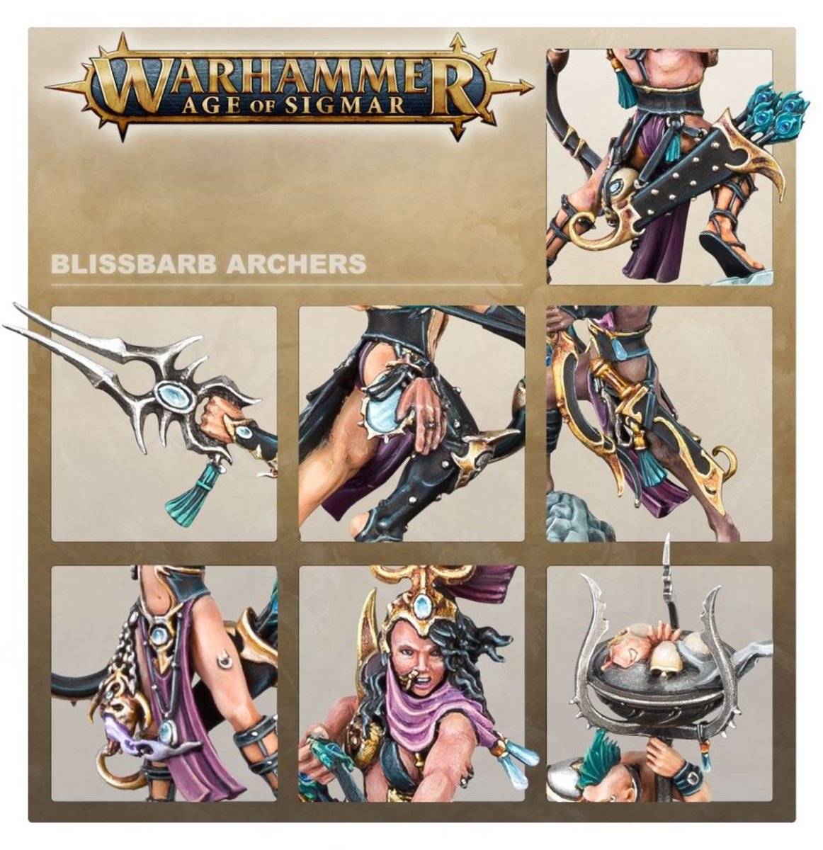 Close-ups of Blissbarb Archers details: bows, barbed arrows, quivers and a brazier bowl