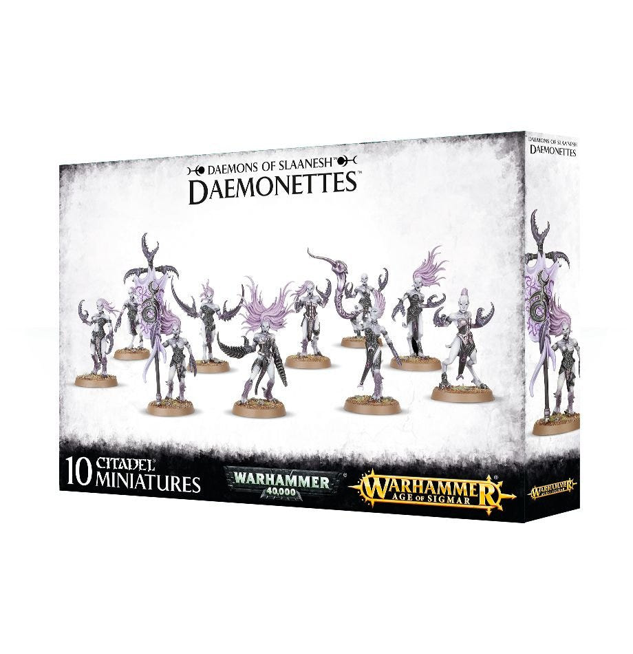 Older Daemons of Slaanesh Daemonettes box packaging, 10 Citadel miniatures