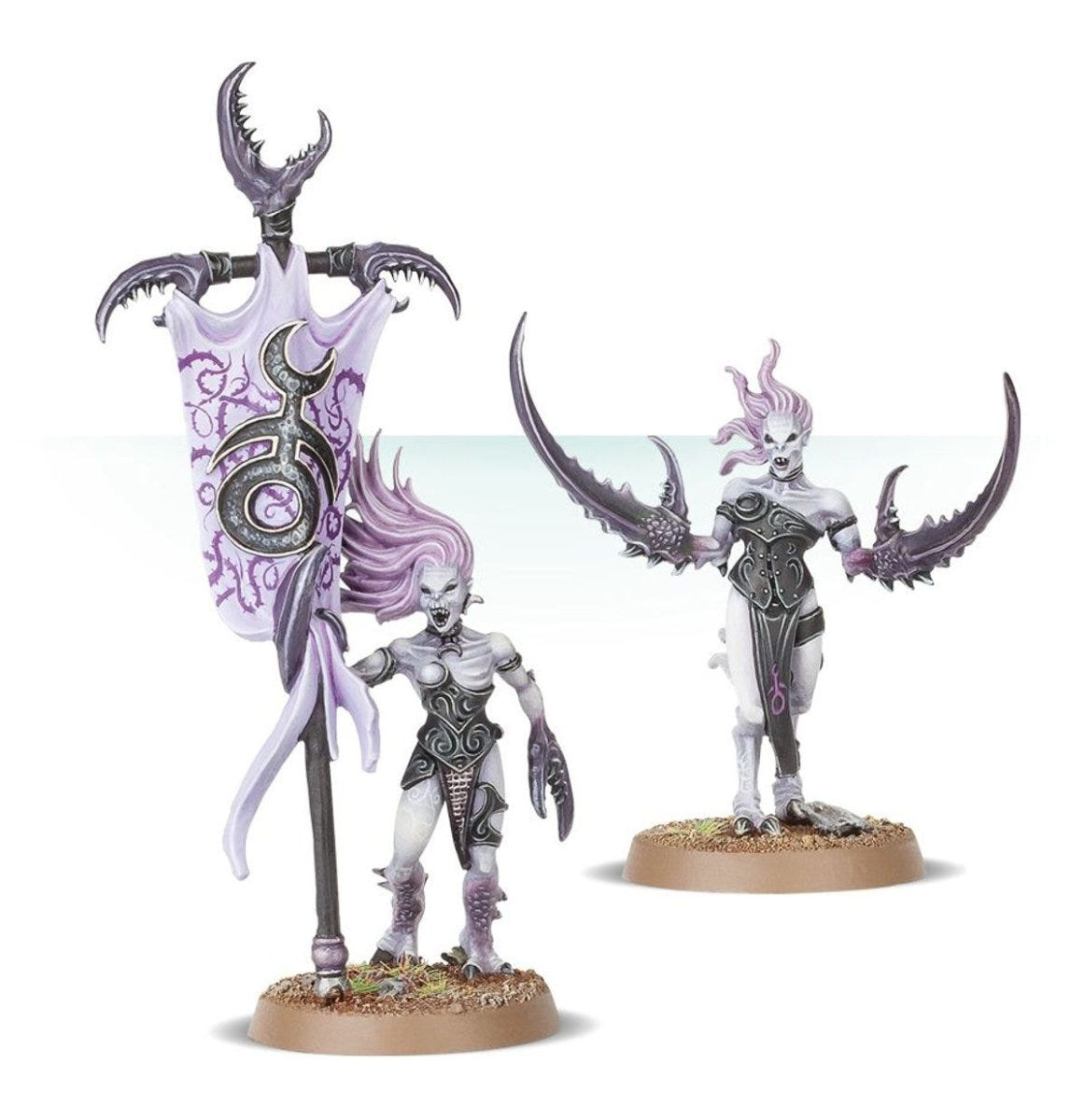 Painted Daemonette standard bearer beside a Daemonette with claws spread