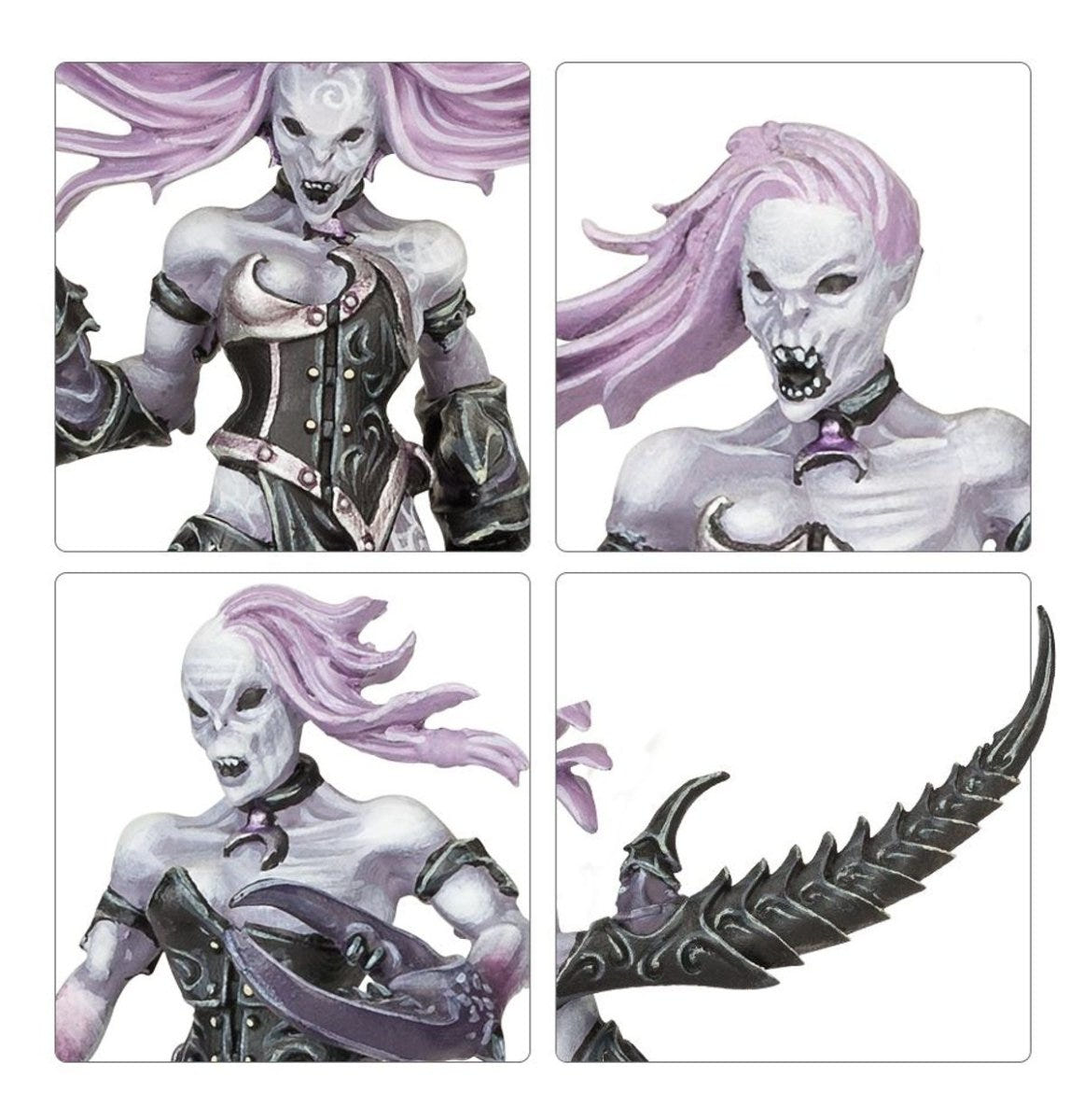 Close-ups of painted Daemonette faces, hair and a serrated claw