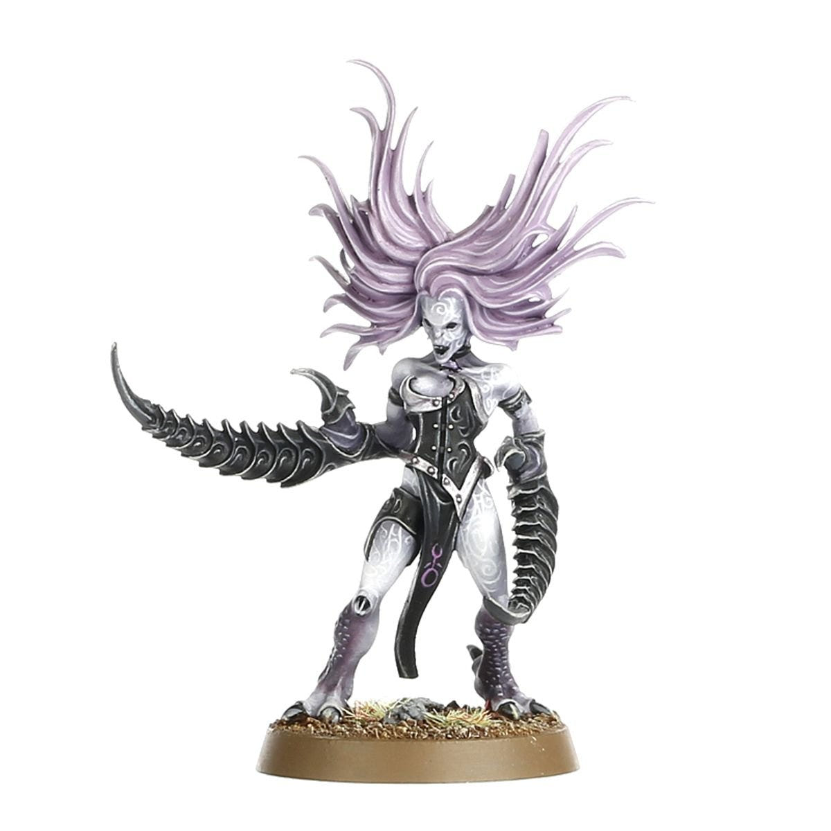 Painted Daemonette with flowing lilac hair and raised crab-like claws