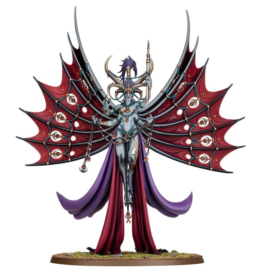 Painted Slaanesh demigod from the Dexcessa kit with crimson wings raised high and a slender staff