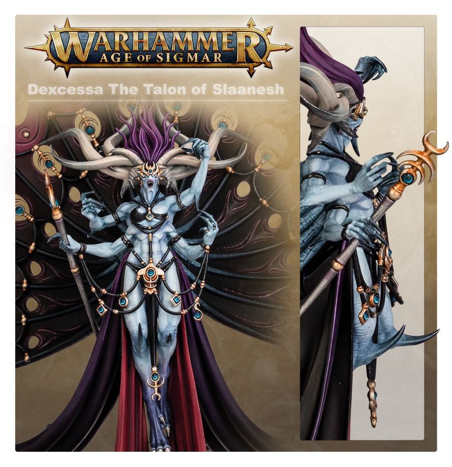 Dexcessa the Talon of Slaanesh showcase panel with painted close-ups of the multi-armed demigod