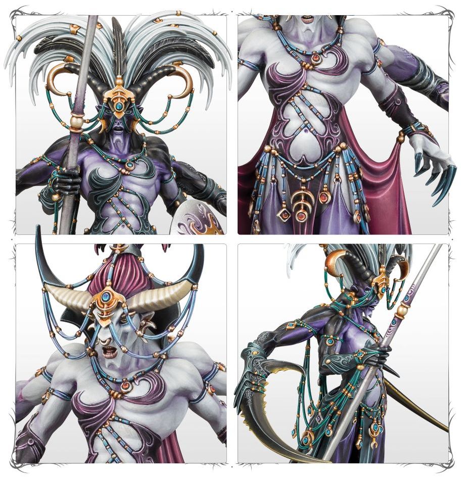 Keeper of Secrets close-ups of the horned head, jewelled torso, feathered crest and claws