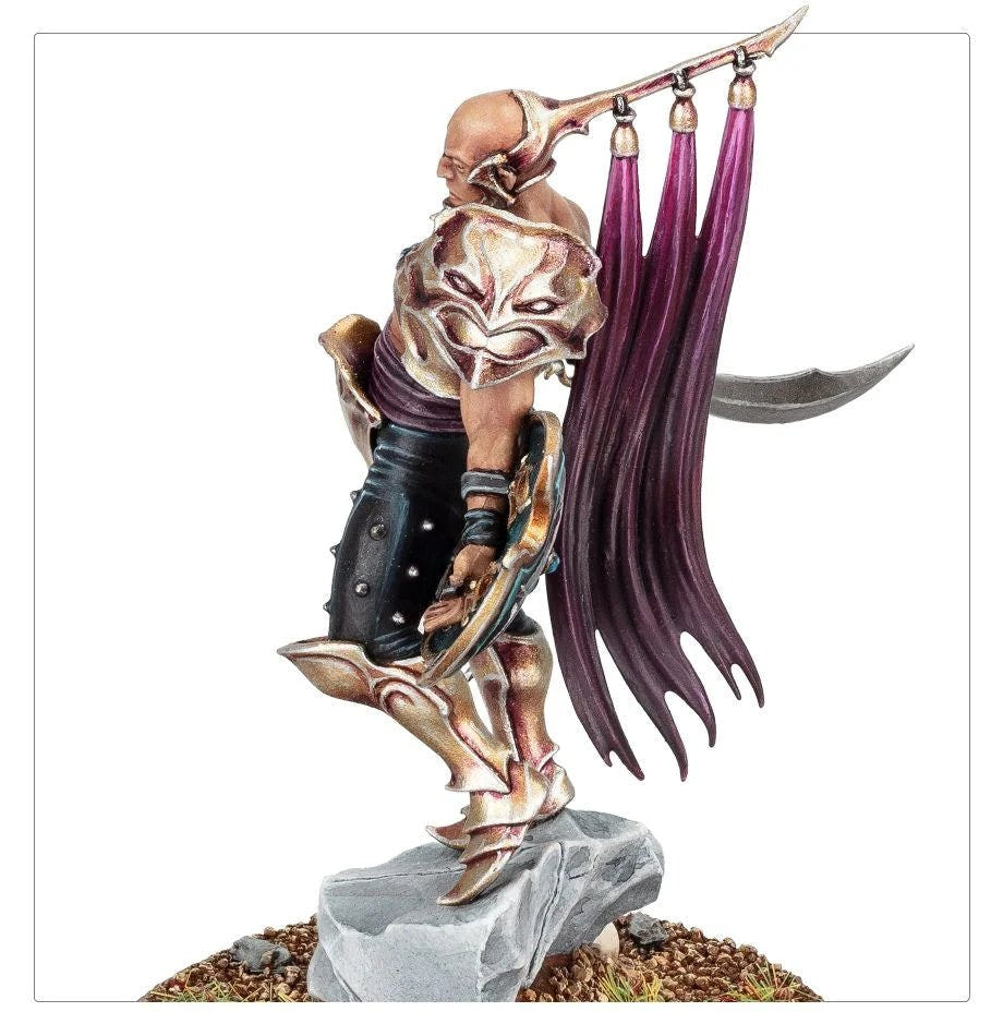 Rear view close-up of the Lord of Hubris showing flowing purple back banners and armour